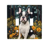Fun Boston Terrier Dog Decorative Switch Cover 2 Gang Double Toggle, Spring Forest Scene Chien Wall Plate Cover, Standard Size, Puppy Electrical Faceplate for Bedroom Living Room Decor