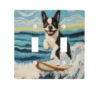 Fun Boston Terrier Dog Decorative Switch Cover 2 Gang Double Toggle, Summer Embroidery Surf Chien Switchcover Wall Plate, Puppy Electrical Faceplate for Bedroom Living Room Decor