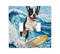 Fun Boston Terrier Dog Decorative Switch Cover 2 Gang Double Toggle, Summer Embroidery Surf Chien Wall Plate Cover, Standard Size, Puppy Electrical Faceplate for Bedroom Living Room Decor