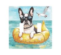 Fun Boston Terrier Dog Decorative Switch Cover 2 Gang Double Toggle, Summer Scene Chien Switchcover Wall Plate, Puppy Electrical Faceplate for Bedroom Living Room Decor