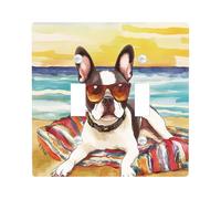 Fun Boston Terrier Dog Decorative Switch Cover 2 Gang Double Toggle, Summer Watercolor Beaches Chien Switchcover Wall Plate, Puppy Electrical Faceplate for Bedroom Living Room Decor