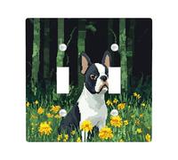 Fun Boston Terrier Dog Decorative Switch Cover Plate 2 Gang Double Toggle, Spring Forest Pixel Art Chien Electrical Faceplate for Bedroom Bathroom Decor, Puppy Standard Size Switchplate