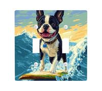 Fun Boston Terrier Dog Decorative Switch Cover Plate 2 Gang Double Toggle, Summer Pixel Art Surf Chien Electrical Faceplate for Bedroom Bathroom Decor, Puppy Standard Size Switchplate
