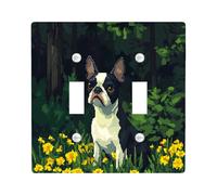 Fun Boston Terrier Dog Switch Cover Wall Plate 2 Gang Double Toggle, Spring Forest Pixel Art Chien Electrical Faceplate for Bedroom Bathroom Decor, Puppy Standard Size Switchplate
