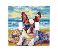 Fun Boston Terrier Dog Switch Cover Wall Plate 2 Gang Double Toggle, Summer Pixel Art Coastal Chien Electrical Faceplate for Bedroom Bathroom Decor, Puppy Standard Size Switchplate