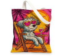 Fun Canvas Tote Bags, Cute Dog Design Reusable Grocery Bags, Lightweight Washable Shoulder Strap Canvas Bags for Travel Beach 13x15 Inch