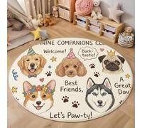 Fun Cartoon Party Style Round Rugs 80cm, Beige | Washable Soft Low Pile, Non-shedding, Corgi Golden Retriever Circle Area Rug with Non-slip Backing for Kids Bedroom, Playroom and Reading Corner