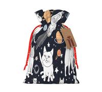 (Fun cat Astronaut) Large Reusable Burlap Pouches Rustic Wedding Favor Xmas Bags Drawstring Gift Sacks Bulk Party. S Size