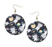 Fun Cat Astronaut Leather Round Earrings Daily Accessories Working At Work Women'S Fashion