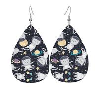 Fun cat Astronaut Print Leather Teardrop Dangle Earrings Fashion