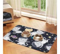 Fun cat Astronaut Print Pet Food Mat Absorbent Non Slip PU Leather Feeding Mat for Dogs Cats Rubber Bottom