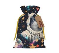 Fun cat Astronaut Printed Christmas Drawstring Bags for Party Xmas Gift Wrapping, Yellow Christmas Ribbon, S