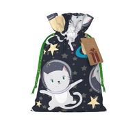 Fun cat Astronaut Printed Christmas Drawstring Bags with Green Ribbon - Reusable Burlap Drawstring Gift Pouches, M