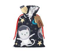 Fun cat Astronaut Printed Christmas Drawstring Bags with Red Ribbon - Reusable Burlap Drawstring Gift Pouches, S