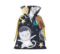 Fun cat Astronaut Printed Christmas Drawstring Bags with Yellow Ribbon - Reusable Burlap Drawstring Gift Pouches, M