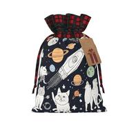 (Fun cat Astronaut) Reusable M Size Bag Sack With Drawstring Eco-Friendly Plaid Burlap Pouch For Party Wedding Favors.