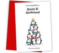Fun Christmas Card for Uncle and Girlfriend - Penguin Tree - Personalised Uncle and Girlfriend Christmas Card, Cute Penguins Xmas Cards