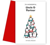 Fun Christmas Card for Uncle and Partner - Penguin Tree - Personalised Uncle and Partner Christmas Card, Cute Penguins Xmas Cards