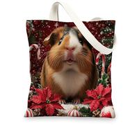 Fun Christmas Guinea Pig Canvas Tote Bag for Shopping 13x15, Fun Xmas Poinsettia Animal Reusable Grocery Print Bag for Women Men, Holiday New Year Aesthetic Painting Gift Decor