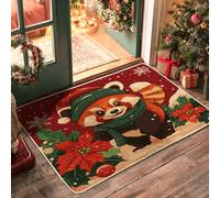 Fun Christmas Red Panda Front Black Door Mat Outside Inside Entrance 29''x17'', Xmas Snow Cute Animal Outdoor Washable Doormat, Small Holiday Happy Patio Garage Shoes Off Door Rug