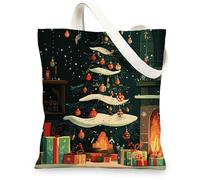 Fun Christmas Tree Canvas Tote Bag for Shopping 13 * 15, Cartoon Xmas Fireplace Reusable Grocery Bag for Women, Holiday Happy Aesthetic Painting Gift Decor