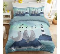 Fun Coastal Duvet Cover Sets Single Size 53" x 79" Bedding Set 2 Pcs Soft Microfiber Seal Lighthouse Music notes Aurora Cute Animal Bedding Quilt Cover with Zipper Closure & Pillowcases