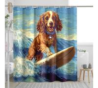 Fun Cocker Spaniel Dog Shower Curtain Set 72''x72'' with Hooks, Summer Pixel Art Surf Chien Bathroom Decor, Puppy Bath Accessories Polyester Fabric