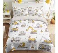 Fun Construction Vehicles Super King Duvet Cover Set, Playful Cute Industrial Vehicles Bedding Set, Soft Zipper Quilt Cover 260 x 220 cm and Pillowcase 50 x 75 cm for Adults Kids Bedroom, White