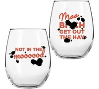 Fun Cow Gifts for Cow Lovers - "Not In The Mood" "Moo, B***h Get Out The Hay" 17 Oz 2PC Stemless Wine Glass Set, Colored - Fun Cow Glasses - Cute Cow Stuff, Cow Cups - Cow Themed Gifts for Women