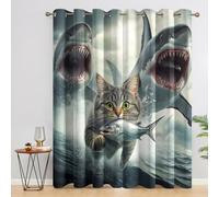 Fun Curtains Bedroom, 66x90 - Cat Shark Blackout Curtains & Decor, Living Room, Eyelet Patterned Window Drapes, 90 Inch Drop 2 Panels (T17)