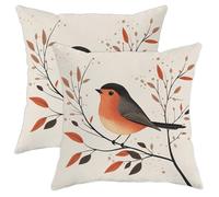 Fun Cute Robins Pillow Covers 18x18 Set of 2, Comfy Modern Minimalist Leaf Branch Printing Velvet Pillow Cases Kit with Zipper, Bird Decor for Sofa Living Room Bed
