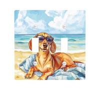Fun Dachshund Dog Decorative Switch Cover 2 Gang Double Toggle, Summer Watercolor Beaches Chien Switchcover Wall Plate, Puppy Electrical Faceplate for Bedroom Living Room Decor