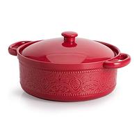 FUN ELEMENTS Casserole Dish, 2 Quart Lace Emboss Casserole Dish with Lid, Oven to Table Ceramic Round Serving Dish with Handles for Dinner and Party(Christmas Red)