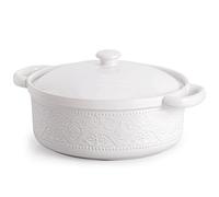 FUN ELEMENTS Casserole Dish, 2 Quart Lace Emboss Casserole Dish with Lid, Oven to Table Ceramic Round Serving Dish with Handles for Dinner and Party(White)