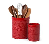 FUN ELEMENTS Kitchen Utensil Holder, 7.2+5.5" Super Large Utensil Crock Heavy and Stable Lace Emboss Ceramic Utensil Holder for Kitchen Counter (2Pcs Christmas Red)