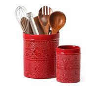 FUN ELEMENTS Kitchen Utensil Holder, 7.2+5.5" Super Large Utensil Crock Heavy and Stable Lace Emboss Ceramic Utensil Holder for Kitchen Counter (2Pcs Christmas Red)