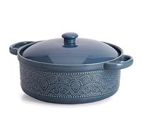 FUN ELEMENTS Lace Emboss Casserole Dish with Lid, 2 Quart Oven to Table Ceramic Round Serving Dish with Handles for Dinner and Party, Thanksgiving Christmas Gifts(Grayish Blue)