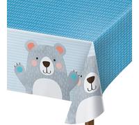 Fun Express Adorable Blue Happy Little Bear Plastic Tablecloth - 54" x 108" (1 Pc.) - Perfect for Birthday Parties, Baby Showers, and Outdoor Picnics