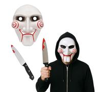FUN FABLES Billy Mask with 31cm Bloody Knife Halloween Costume Set | Scary White Face Mask with Red Ch esign and Fake Blood Knife Prop | Fancy Dress Accessory for Adults (6)