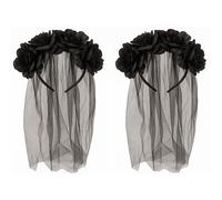 FUN FABLES Gothic Bride Veil Headband with Black Flowers & Long Veil | Halloween Black Headpiece for Women | Corpse Bride, Zombie, Day of the Dead & Fancy Dress Costume Accessory (2)