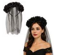 FUN FABLES Gothic Bride Veil Headband with Black Flowers & Long Veil | Halloween Black Headpiece for Women | Corpse Bride, Zombie, Day of the Dead & Fancy Dress Costume Accessory (1)