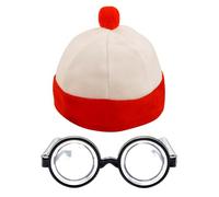 FUN FABLES Kids Red & White Bobble Hat and Round Nerd Glasses Set - Fancy Dress Costume for Book Week, Parties, and Adventure Themes for Children