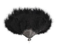 FUN FABLES Luxury Foldable Feather & Lace Hand Fan - 40x27cm Elegant Vintage Fancy Dress Accessory for Burlesque, Costume, Weddings & Parties (Black Feather)