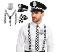 FUN FABLES Police Costume Accessories Set - Braces, Badge, Tie & Hat | Cop Fancy Dress Props for Adults | Law Enforcement Role Play, Halloween & Party Outfit (Policeman Hat +Tie +Braces +Badge)