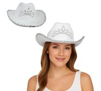 FUN FABLES Unisex Cowboy Hats for Adults - Festival, Party & Costume Hats with Glitter, Sequins, Fringe & Light-Up - Western Style Fancy Dress Accessories (Light Up Tiara White Hat with Sequin Trim)