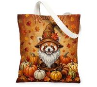 Fun Fall Red Panda Gnome Canvas Tote Bag for Shopping 13x15, Autumn Pumpkin Maple Leaf Reusable Grocery Print Pattern Bag for Women, Holiday Aesthetic Painting Gift Decor
