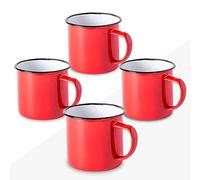 FUN FAN LINE - Set of 4 Retro Enameled Metal Mugs, Red | Large 12 Oz Vintage Breakfast Mug Set for Coffee | Unique Mugs for Tea, Hot Chocolate & Daily Use | Set for Friends & Family