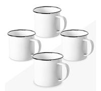 FUN FAN LINE - Set of 4 Retro Enameled Metal Mugs, White| Large12 Oz Vintage Breakfast Mug Set for Coffee | Unique Mugs for Tea, Hot Chocolate & Daily Use | Set for Friends & Family
