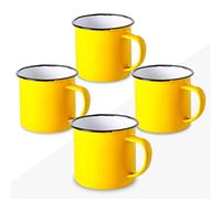 FUN FAN LINE - Set of 4 Retro Enameled Metal Mugs, Yellow | Large 12 Oz Vintage Breakfast Mug Set for Coffee | Unique Mugs for Tea, Hot Chocolate & Daily Use | Set for Friends & Family