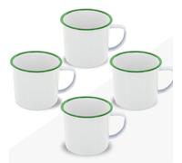 FUN FAN LINE - Set of 4 Retro Enameled Mugs, White with Green Rim | Large 380ml Vintage Breakfast Mug Set | Unique Mugs for Coffee, Tea & Hot Chocolate | The Perfect Practical Gift Set for Friends